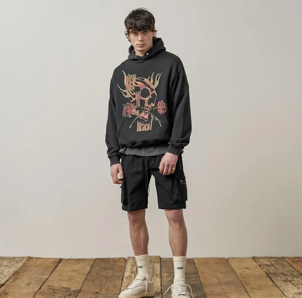 

Heavy Fabric REPRESENT Rose Skeleton Graghic Print Hoodie Men Women High-Quality Pullovers Vintage Oversized Sweatshirts