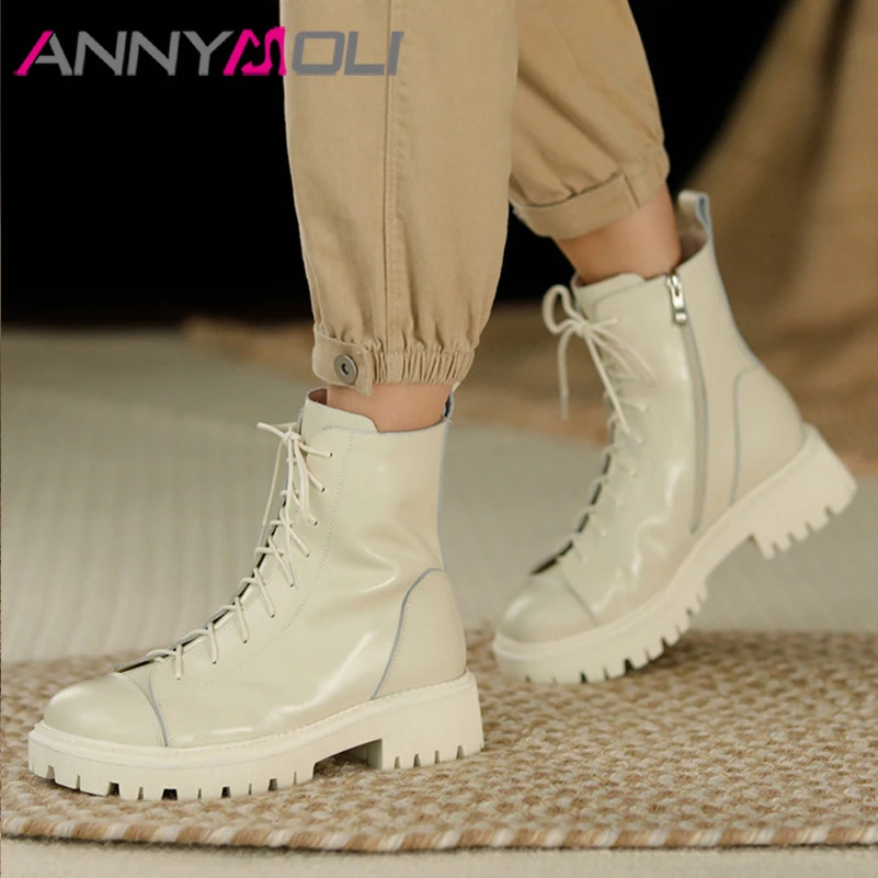 

ANNYMOLI Motorcycle Boots Women High Heel Short Boots Lace Up Short Boots Zip Thick Heel Female Shoes Winter White Large Size 42