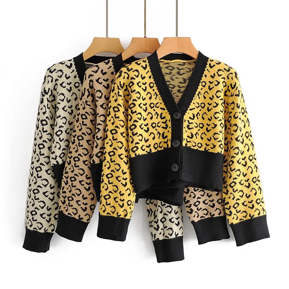 

2020 autumn and winter new contrast color V-neck long-sleeved waist single-breasted jacquard short slim knitted cardigan