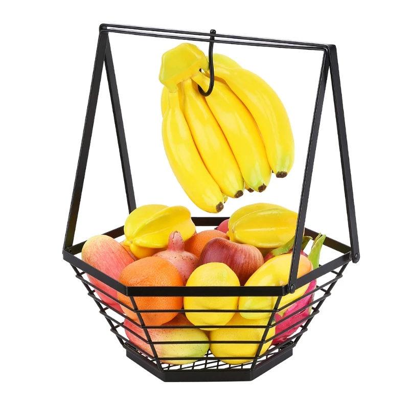 

Hexagon Metal Wire Frame Fruit Bowl with Bandana Holder Hanger Vegetables Desktop Basket Display Stand Kitchen Organizer