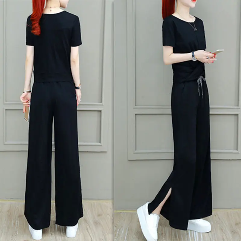 

Summer New Style Korean Drape High Waist Slimming Short-sleeved Wide-leg Pants Casual Sports Suit Women