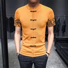 Вязаный свитер в китайском стиле с пуговицами на рукавах, Мужские жаккардовые рубашки с коротким рукавом