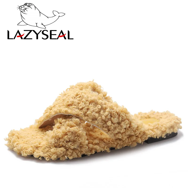 LazySeal; цветные домашние тапочки с натуральным мехом; женская обувь; женские шлепанцы без задника на плоской подошве; женские пушистые домашние шлепанцы; пушистая плюшевая обувь - Цвет: Yellow-2