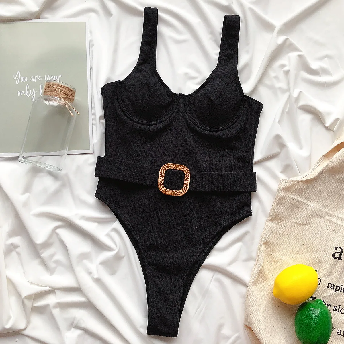 

Ribbed Swimsuit Square Buckle Sexy Low-cut One Piece Sports Beachwear Swimwear Black Backless Traingle Push Up Bodysuit Swimsuit