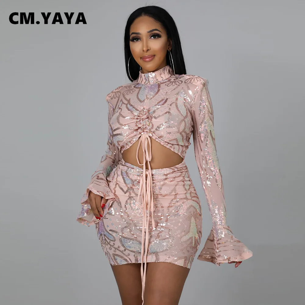 

CM.YAYA Spring Winter Women Sequins Paisley Flare Long Sleeve Bodycon Open Front Tie Up Midi Mini Dress for Sexy Party Clubwear