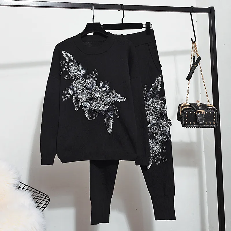 2019 Autumn Winter New knit Sweater Women Set Fashion Flower Long sleeve Pullover Tops+Casual Pants Ladies 2 Piece Outfit Female