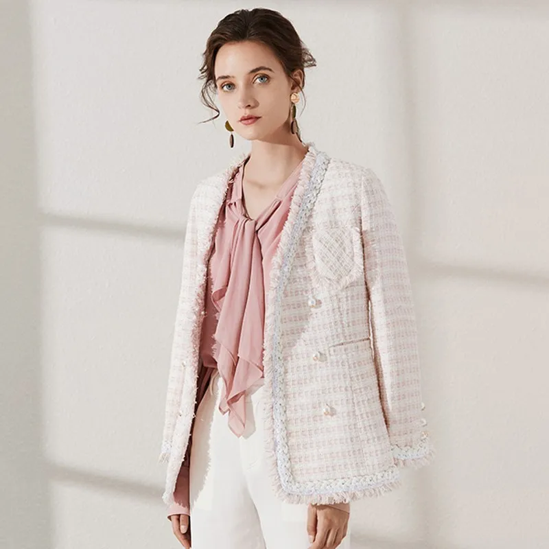 Женская твидовая куртка розовая клетчатая с кисточками для офиса верхняя одежда