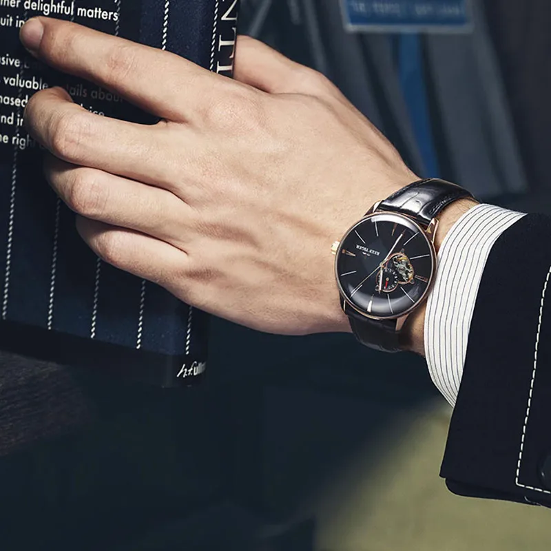 Reef Tiger бренд Tourbillon черный циферблат водонепроницаемые автоматические часы Топ Механические Роскошный кожаный ремешок мужские часы reloj hombre