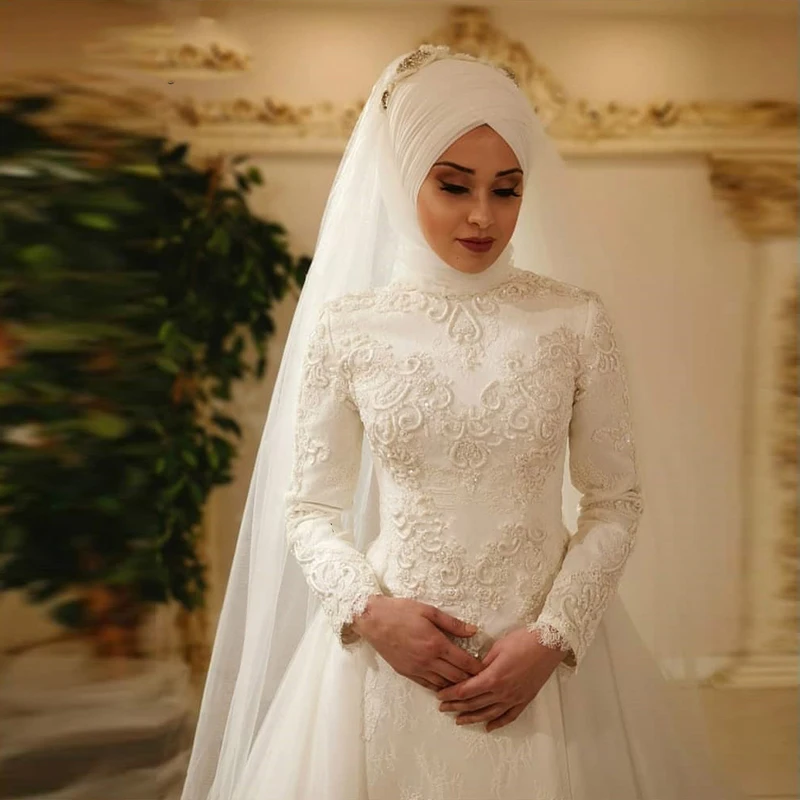 

MoonlightShadow Elegant Wedding Dresses A-Line O-Neck Full Sleeves Beading Appliques Gorgeous Bridal Gown Vestido de novia