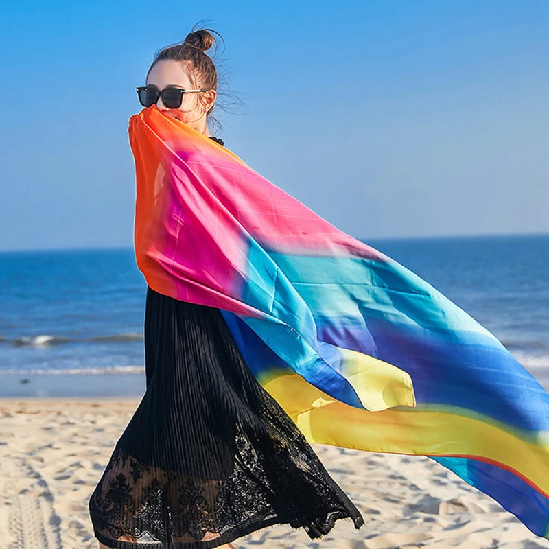 

Rainbow Women Scarf Spring Summer Colorful Beach Shawl Soft Rayon Scarf Long Wrap Female Cashmere Luxury Brand Scarves