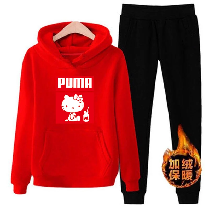 T04 3xl плюс размер милый hello-kittty толстовки брюки комплект одежды повседневный комплект из 2 предметов теплая одежда однотонный спортивный костюм женский комплект Топ Брюки дамский костюм