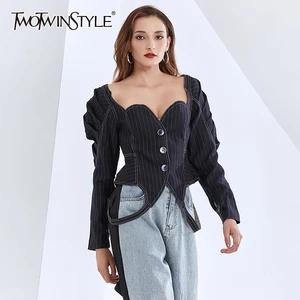 Женское пальто в полоску TWOTWINSTYLE, с квадратным воротником, пышными длинными рукавами, асимметричным подолом, 2020