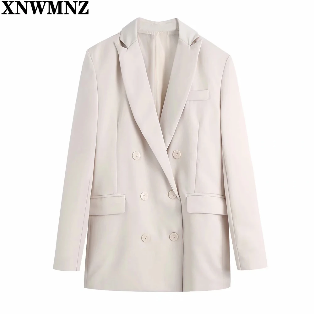 

XNWMNZ 2021 Women blazers Fashion Office Wear Double Breasted Blazer Coat Vintage Long Sleeve Pockets Female Outerwear Chic Tops