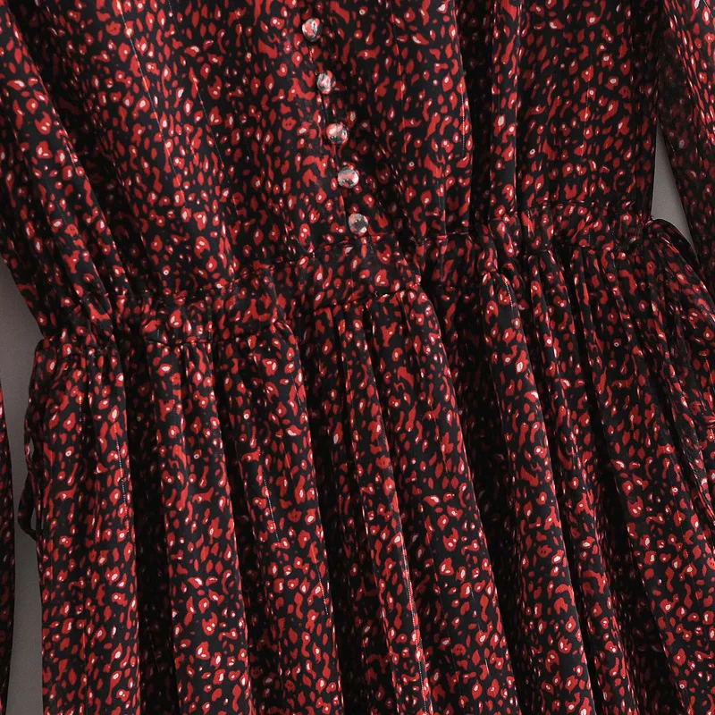 

2020 Spring Autumn Women Dress Elastic High Waist Fashion Dress Puff Sleeve Printed Lady Dress Loose Elegant Girl V-neck Outfits