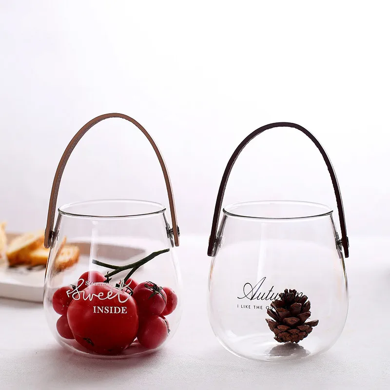 Nordic Modern Ins Leather Handle Glass Vase Creative Desktop Retro Design Transparent English Word | Дом и сад