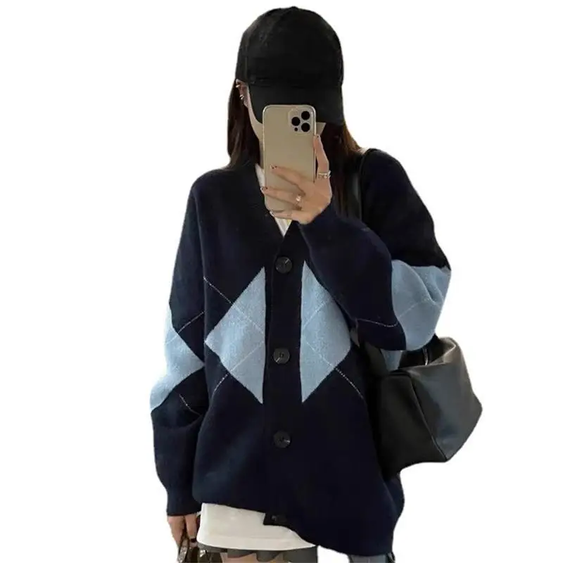 

Autumn Women Geometric V-neck Long Sleeve Knitted Sweaters Cardigan Casual Loose Diamond Mid-length Sweater