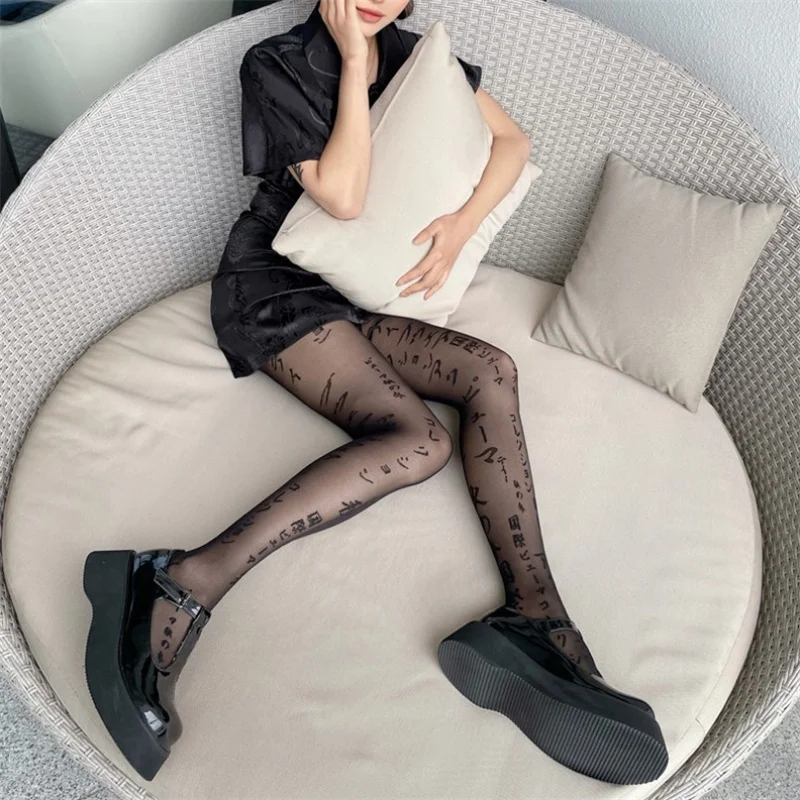 

Sexy Japanese Letter Print Black Pantyhose Stockings For Women Plus Tights Mesh FishNet Pantyhose Fishnet