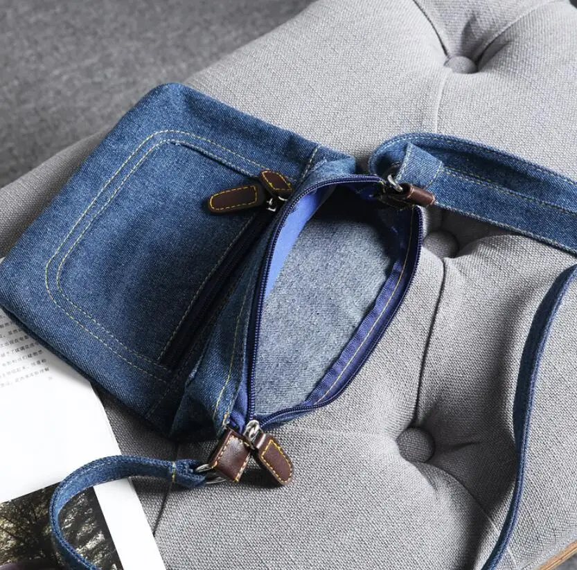 

Front Double Zippers Shoulder Bag Cotton Denim Cross Body Bag Lady Jeans Messenger Bag Woman Small Bag