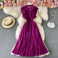 vintage purplegreenred lace midi dress women sweet round neck ruffle vestidos female high waist slim robe spring autumn 2021