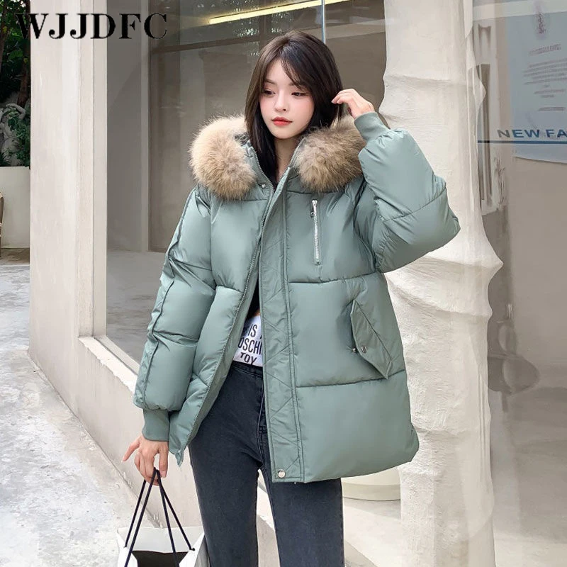 WJJDFC Women Fur Collar Parkas Jackets Down Padded Jacket Winter Coat Loose Korean Fashion Hooded Thicken Zipper Outerwear 2021
