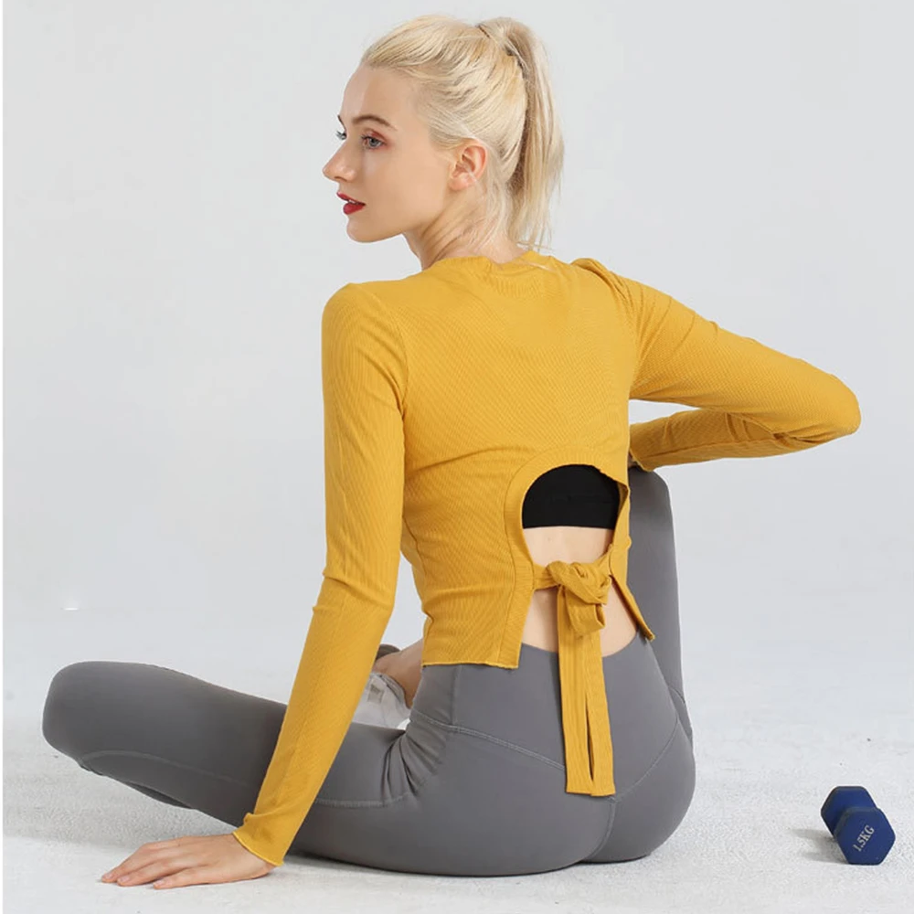 

Round Collar Long Sleeves Sexy Women Hollow Out Sport Shirt Fitness Gym Top For Women Solid Yoga Workout Crop Top