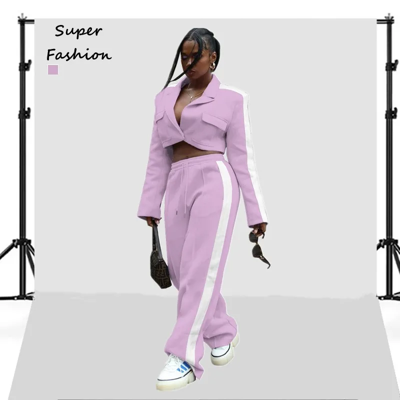 

S-XL 2022 Women's Two Piece Sets Long Sleeve V Neck Crop Top Wide Leg Pant Suits Sexy Trend Outfits Wholesale Dropshipping