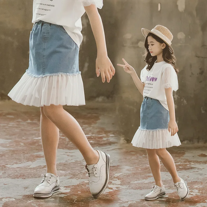 2020 джинсовые сетчатые юбки для больших девочек весенне-осенняя и летняя одежда