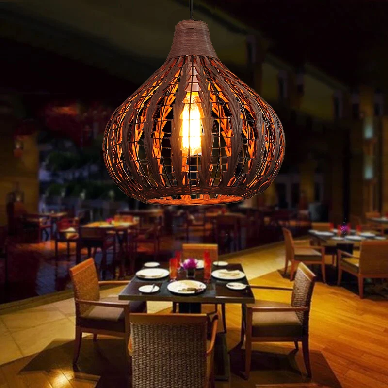 Lámpara colgante de mimbre tejida a mano Vintage de ratán, lámpara colgante de madera para Bar restaurante, cafetería Retro