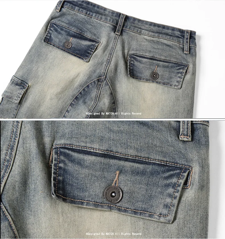 2021 European American Style Multi-Pocket Ripped Denim Trousers Men's Jeans Slim Straight Casual Designer Comfortable Biker Pant