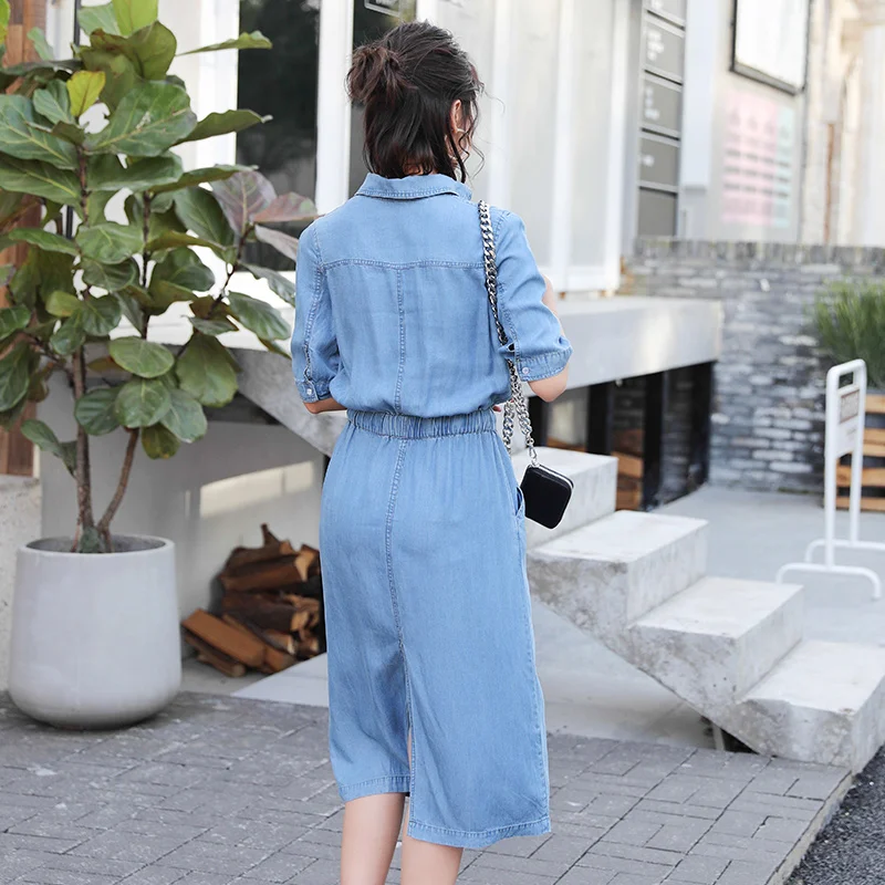 

Fashion woman Casual Denim Denim Dress Office Lady Work Blue Dress Vestidos Female Summer Dress Vintage Dresses