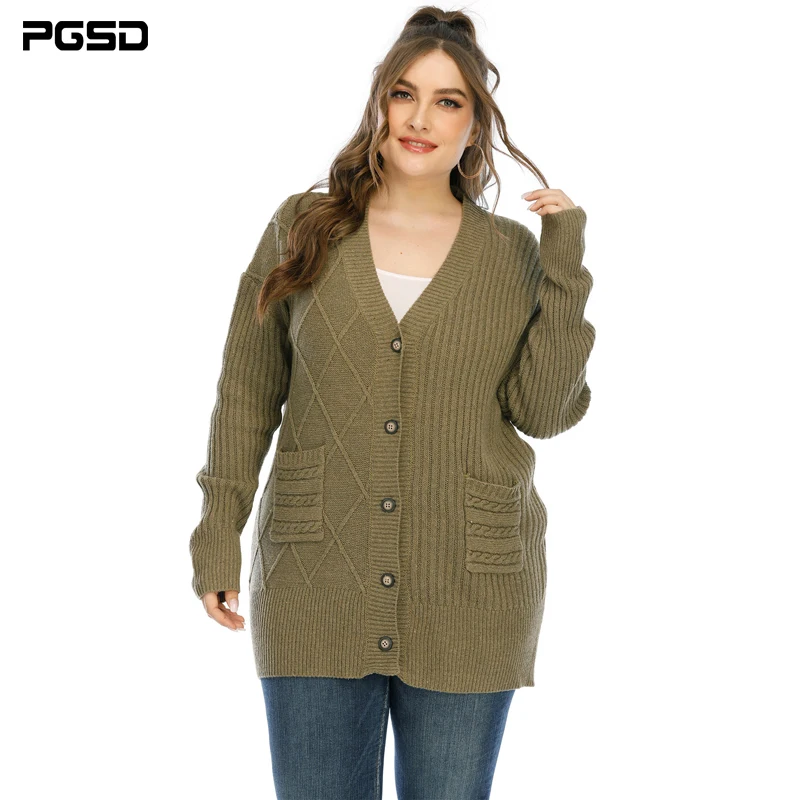 

PGSD Autumn Winter Big size Long Cardigan pocket Women Sweaters Long Sleeve Single Breasted V-Neck Knitted Casual Coat Plus Top
