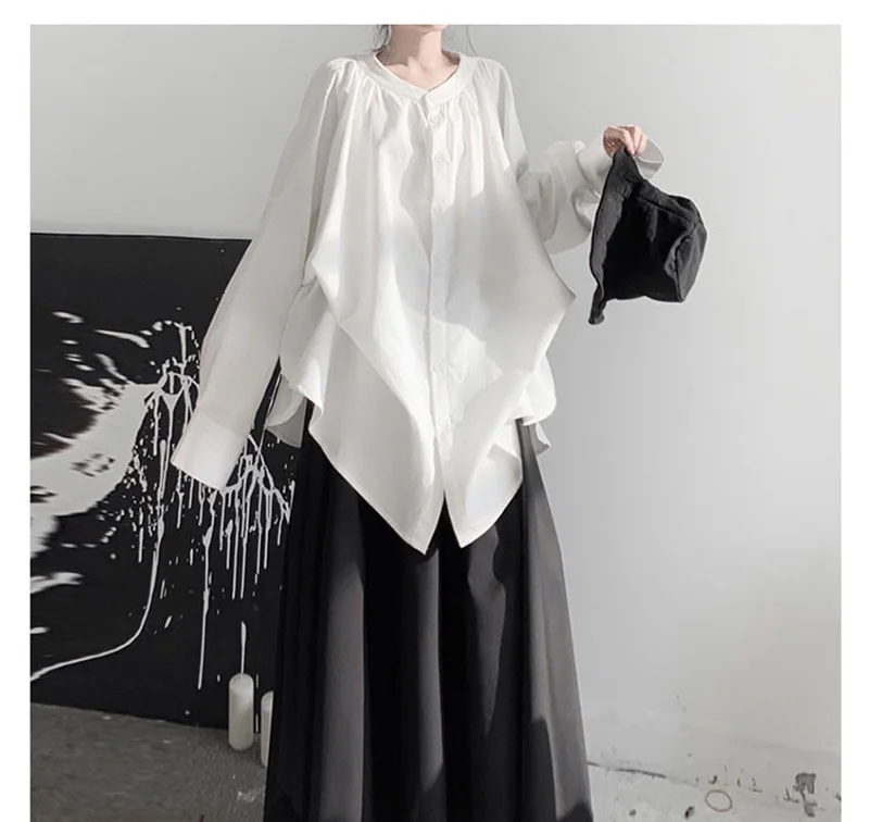 [EAM] Women Pleated White Big Size Blouse New Stand Collar Long Sleeve Loose Fit Shirt Fashion Tide Spring Autumn 19A-a636