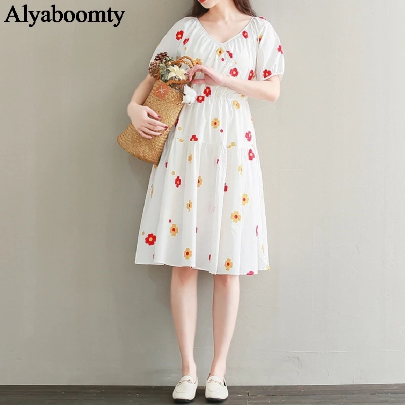 

Mori Girl Summer Women Sweet Dress V Neck Elastic-Waisted Floral Embroidery Dress Short Sleeve Elegant A-Line Femininos Vestidos