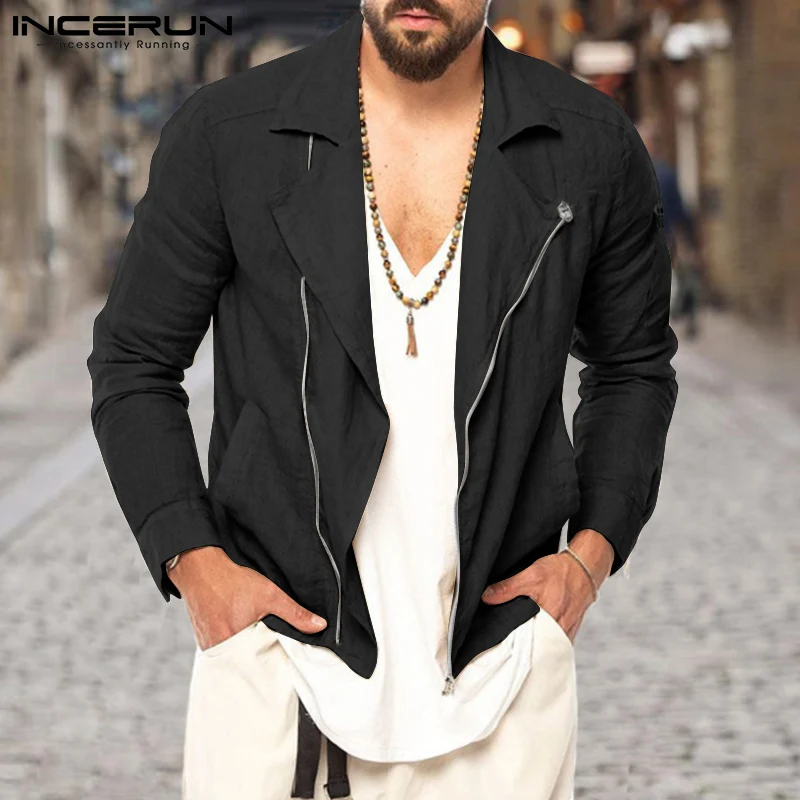 

Топы INCERUN, новинка 2021, мужские однотонные пальто в американском стиле, вечерние ские универсальные простые куртки на молнии с лацканами для ...
