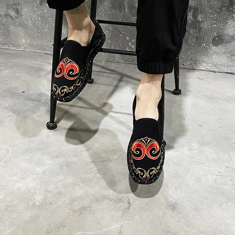 Туфли мужские резиновые с вышивкой парусиновые эспадрильи лоферы прочные