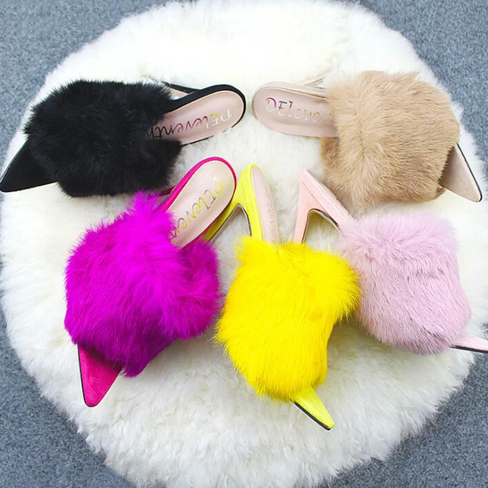 Новинка яркие сандалии в европейском стиле роскошные Тапочки их меха под кролика