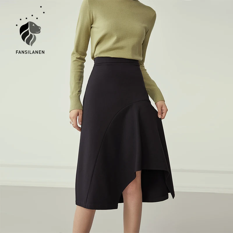 

FANSILANEN Asymmetrical ruffle elegant black long skirt Women high waist autumn sexy a-line skirt Female slim vintage skirt 2020