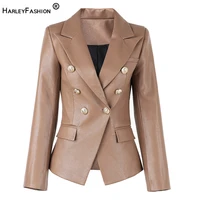 harleyfashion new design luxury khaki pu leather jacket double breasted slim fitness quality casual spring women blazers