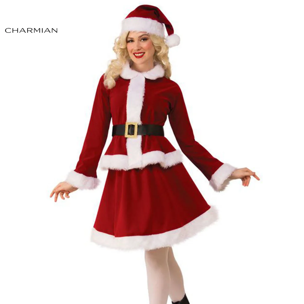 

Charmian/сексуальное красное бархатное пушистое пальто и мини-юбка с высокой талией нарядное платье для девочек с рождественским Санта-Клаусом...