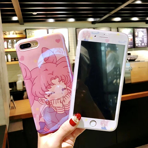 Case Screen Protec 1 360 Полное покрытие милый Сейлор Мун мягкий чехол для телефона Защита экрана для iPhone X чехол 6 6s 8 7Plus XS MAX Закаленное стекло пленка крышка - Цвет: Case Screen Protec 1