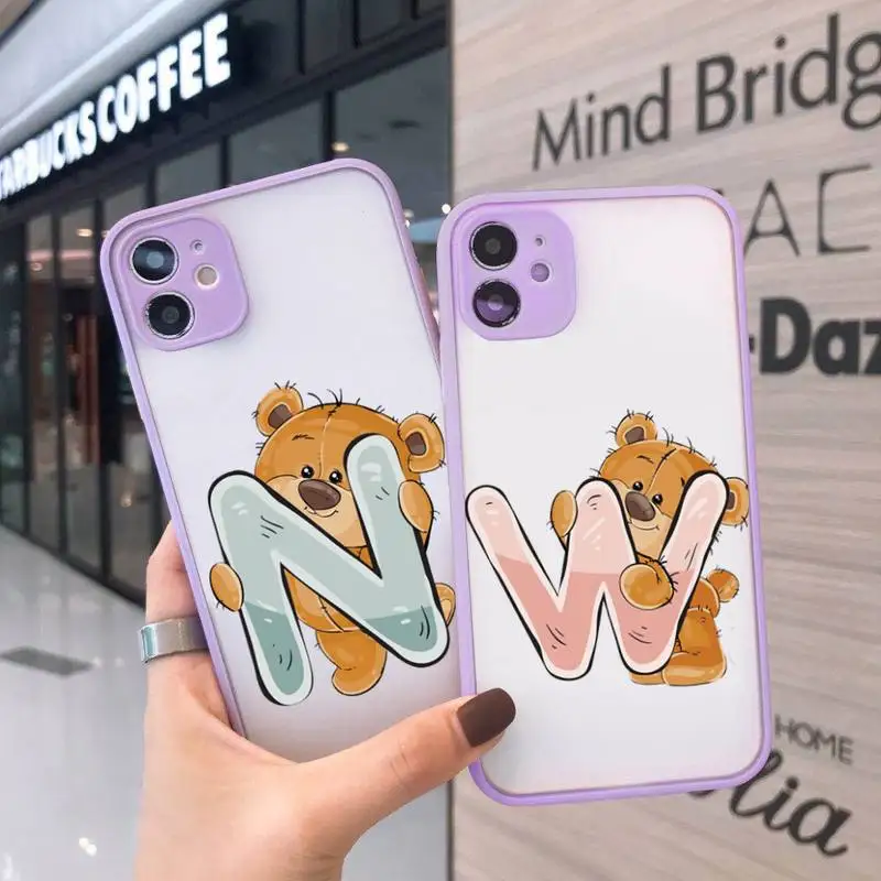 

Luxury bear letters Phone Case For iPhone 12 11 Mini Pro XR XS Max 7 8 Plus X Matte transparent Purple Back Cover