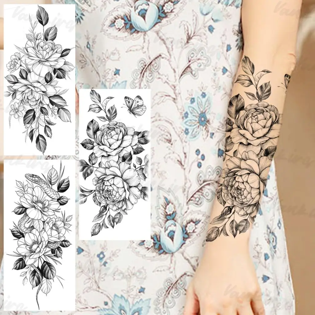 

Black Peony Temporary Tattoos For Women Men Realistic Flower Snake Flora Fake Tattoo Sticker Forearm Leg Water Transfer Tatoos