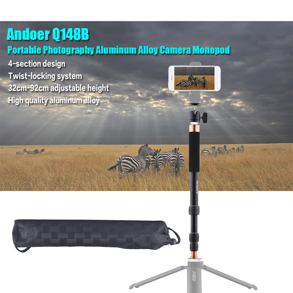 Andoer Q148B переносной монопод для камеры Регулируемый алюминиевый сплав фотография селфи палка 37 см-95 см для DSLR камеры