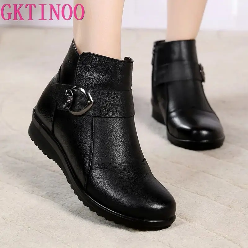 Genuine Leather Wedge Heels Non-slip Women's Boots Large Size Mother Warm Famale Snow Boots