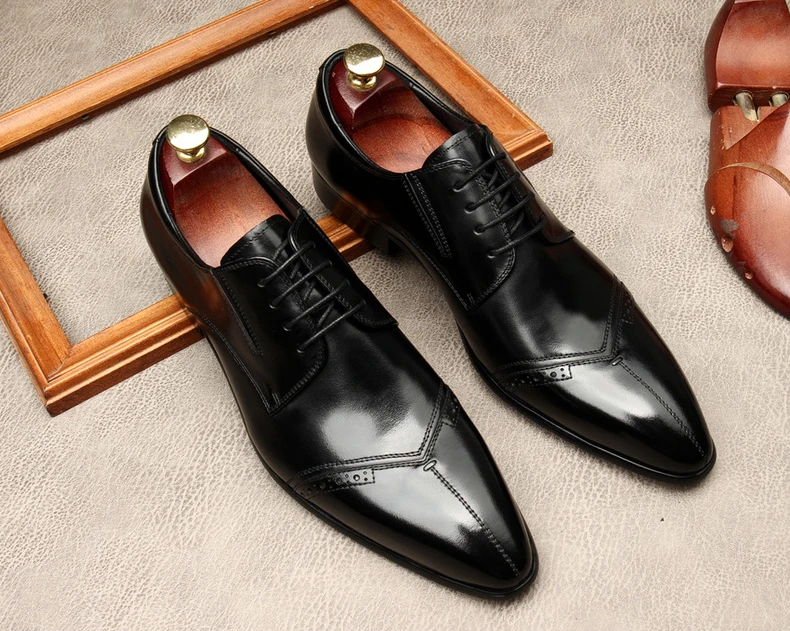 Мужские классические туфли черные оксфорды из натуральной кожи на шнуровке для
