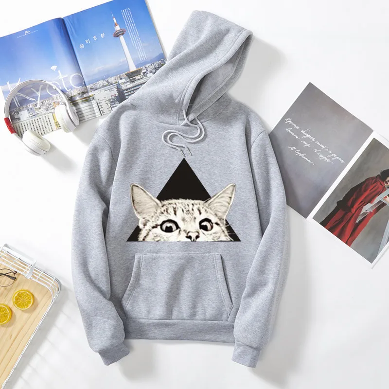 

Hoodies oversized Cartoom Cat Print Kangaroo Pocket Sweatshirts Hooded Harajuku 2020 Winter Casual Pullovers Women sweatshirts
