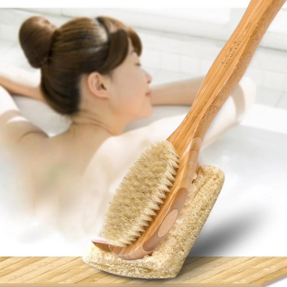 

40 cm natural wooden long handle bath bristle brush body scrubber massager shower brush skin spa shower cleaning tool