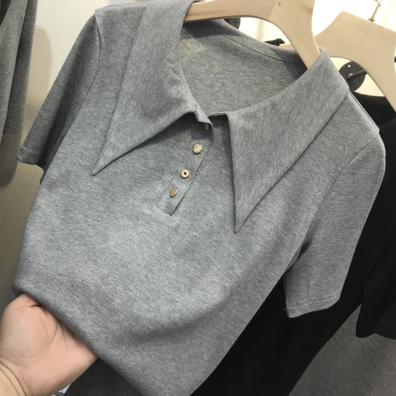 

Vintage green white polo shirt women shorts short sleeve cropped polo shirts mujer streetwear v neck knitted women polo shirt