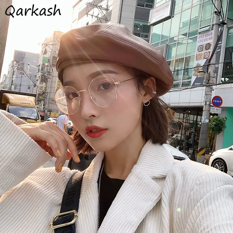 

Berets Women Solid Simple Vintage PU Stylish Temperament Elegant Spring Femme Leisure Hats Popular Korean Style All-match New