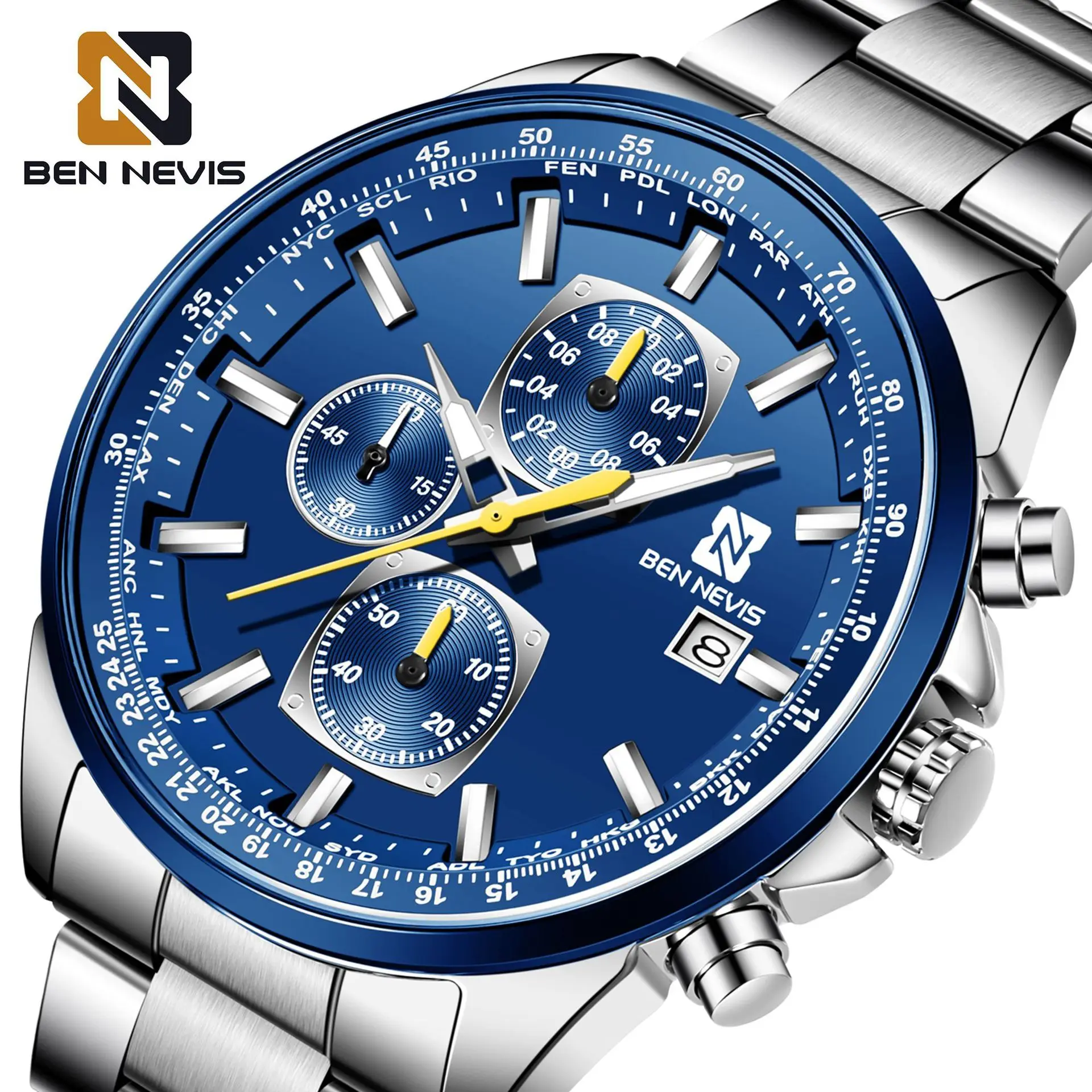 

BEN NEVIS New Business Men Watches Blue Chronograph Stainless Steel Quartz Mens Wrist Watch Fashion Brand Male Waterproof Clock